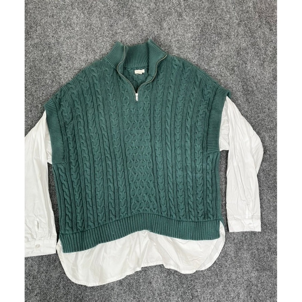 Antropologie Pilcro Chunky Cable Knit Twofer Sweater Green 1/4 Zip Cotton XL